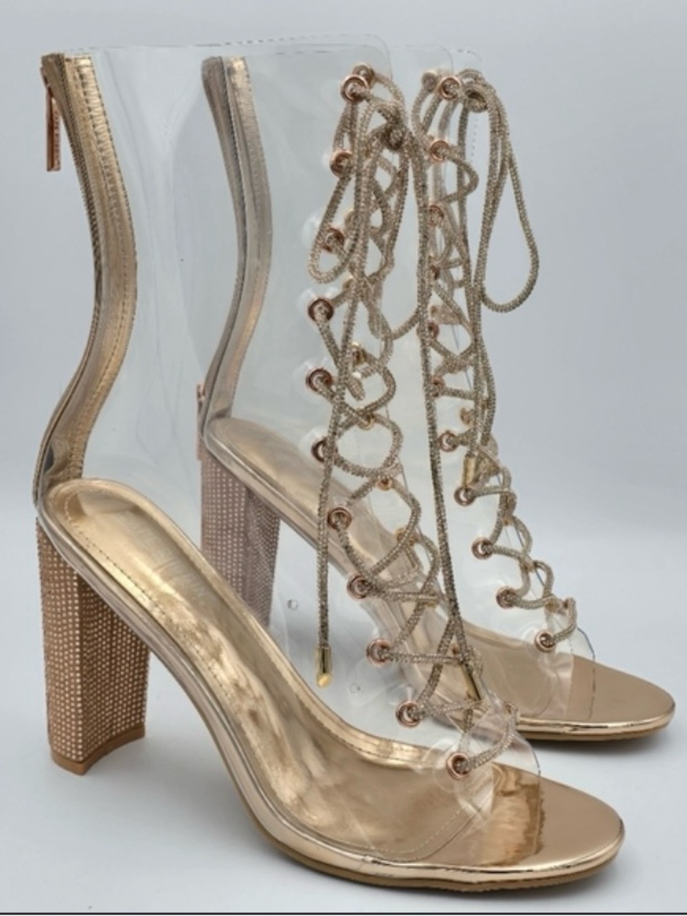 Cape Robbin Lookey Clear Lace-Up Rhinestone Ankle Boots in rose gold